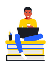 Ukrainian purposeful student sits with a laptop on the books. Online education concept in flat style blue and yellow colors. Vector.