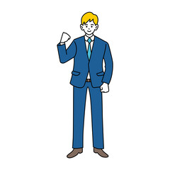 ガッツポーズをする若いスーツの男性　全身姿