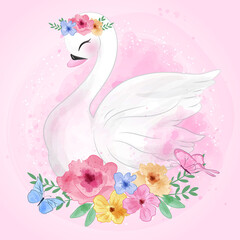 Cute swan with floral illustration