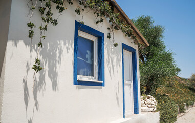 Traditional mediterranean architecture. White building on the beach minimalistic architecture.