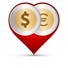 The American dollar coin and euro coin symbols on red heart shape