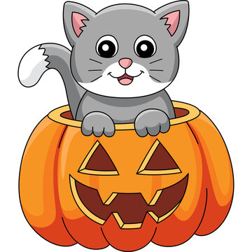 Pumpkin Cat Halloween Cartoon Colored Clipart