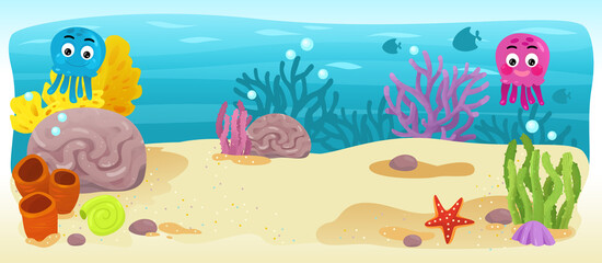 Cartoon ocean and the mermaid underwater swimming