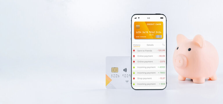 Mobile banking network. Smartphone with internet online bank application. Piggy bank with debit card on white background. Save currency money wallet.
