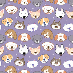 Seamless Pattern with Cute Cartoon Dog Face Design on Deep Violet Background