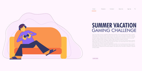 Summer vacation online gaming challenge for students. Website banner or landing page. Vector Illustration.