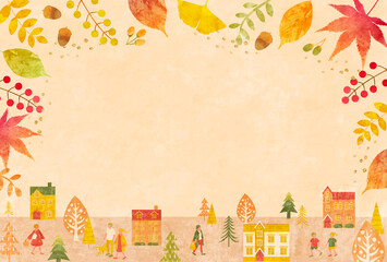秋の街並みと人々のベクターイラストフレーム背景(バナー,ポスター,街並み,人々,植物,落ち葉,葉,holiday,art,natural,card,frame) 