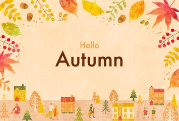 秋の街並みと人々のベクターイラストフレーム背景(バナー,ポスター,街並み,人々,植物,落ち葉,葉,holiday,art,natural,card,frame) 