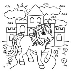 Unicorn Castle Coloring Page for Kids