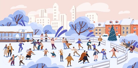 People skating on city ice rink on winter holidays. Families, kids outdoors at Christmas vacation. Cityscape with snow, happy active men and women in urban park in wintertime. Flat vector illustration