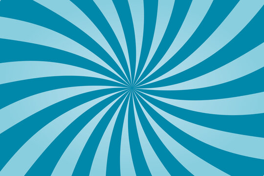Blue twisted sunburst background. Vintage swirling pattern wallpaper. Vortex or vertigo concept. Radial spiral stripes backdrop. Supernova. Comic design element. Vector illustration, flat, clip art.
