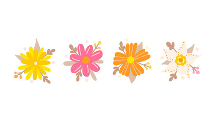 Set of decorative floral design elements. Colorful summer flowers. Vector flat illustration