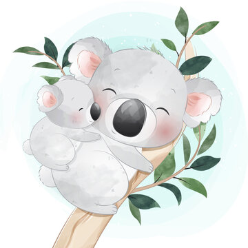 Cute koala bear mother and baby illustration