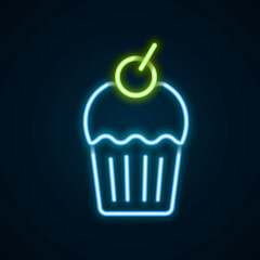 Glowing neon line Muffin icon isolated on black background. Colorful outline concept. Vector