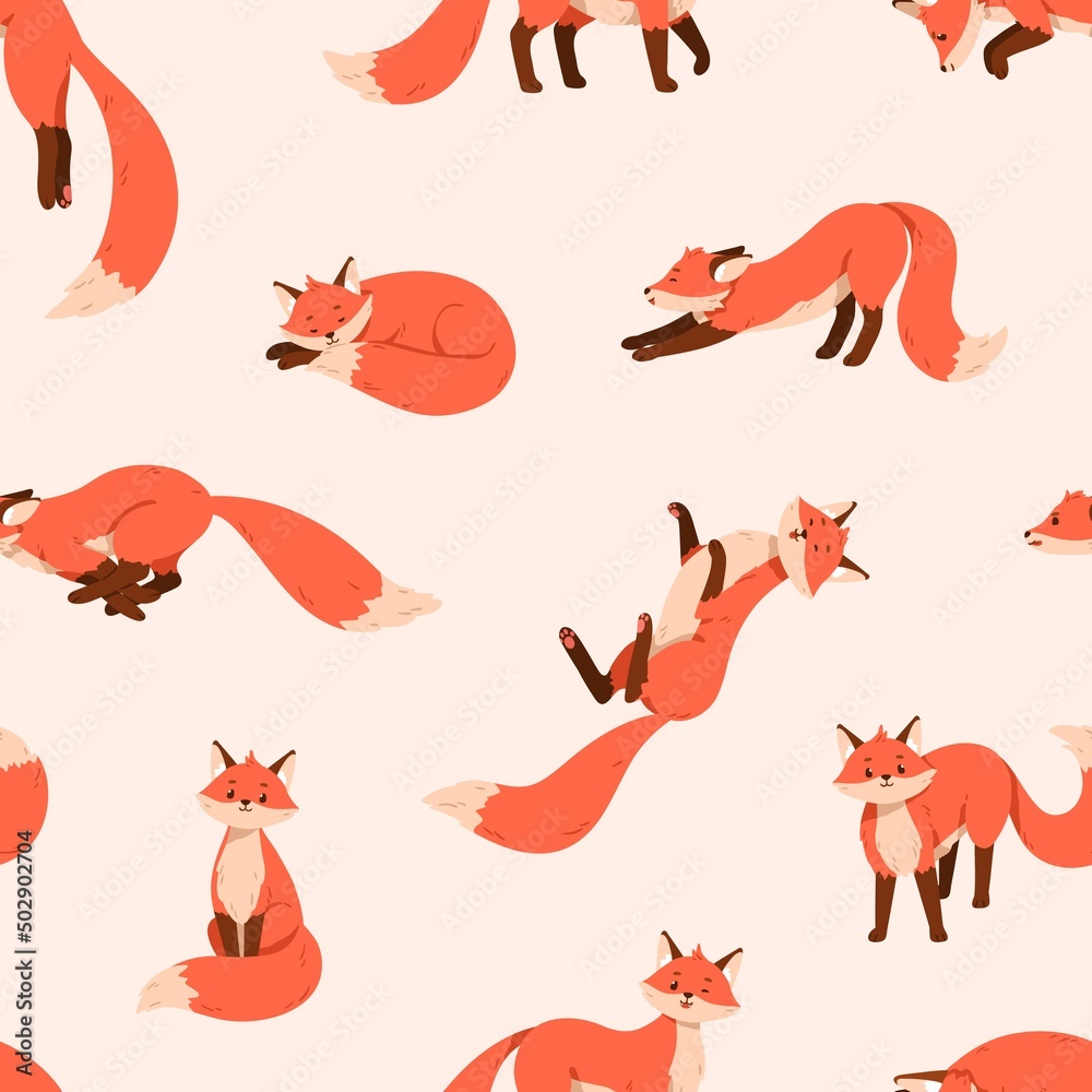 Poster Funny foxes pattern. Seamless background with cute wild animal. Repeating foxy print on endless texture. Repeatable printable backdrop design. Colored flat vector illustration for textile, decoration