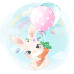 Cute bunny flying with balloon illustration
