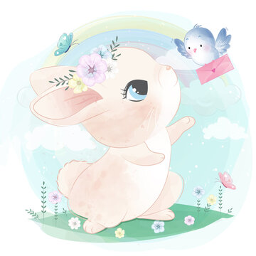 Cute bunny with bird illustration