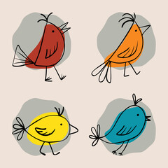 Set of hand drawn birds with abstract shapes