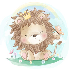 Cute lion with floral illustration