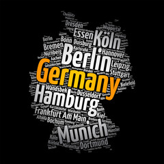 List of cities and towns in GERMANY, map word cloud collage, business and travel concept background