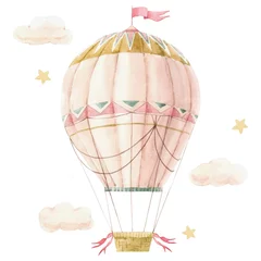  Beautiful image with cute watercolor hand drawn retro vintage air balloon with flags. Stock illustration. © zenina