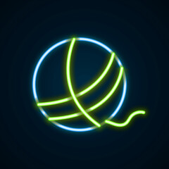Glowing neon line Yarn ball icon isolated on black background. Label for hand made, knitting or tailor shop. Colorful outline concept. Vector