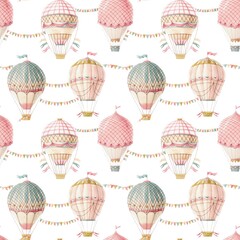 Fototapety  Beautiful seamless pattern with cute watercolor hand drawn retro vintage air balloons with flags. Stock illustration.