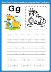 Alphabet Letter G with cartoon vocabulary for coloring book illustration, vector