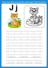 Alphabet Letter J with cartoon vocabulary for coloring book illustration, vector