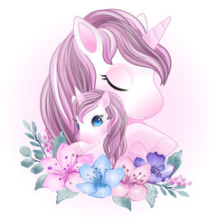 Cute unicorn mother and baby illustration