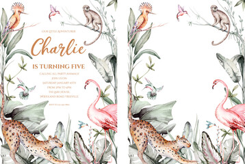 Tropical watercolor birds hummingbird, monkey and jaguar, exotic jungle plants palm banana leaves flowers, flamingo baby shower wedding invitation background