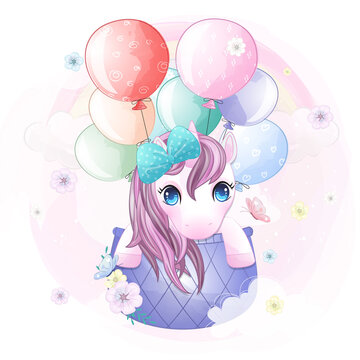 Cute unicorn flying with air balloon illustration