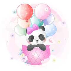 Cute panda flying with air balloon illustration