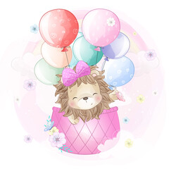 Cute lion flying with air balloon illustration