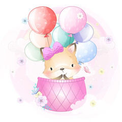 Cute foxy flying with air balloon illustration