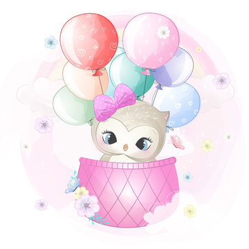 Cute owl flying with air balloon illustration