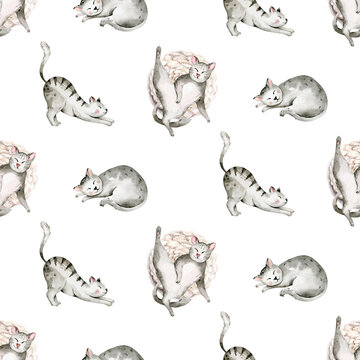Watercolor Seamless Pattern with cute cartoon cats for Children on the white background. Kids scrapbooking paper and wallwaper design.