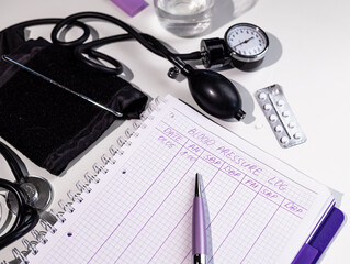 Blood pressure log with pen and Blood pressure monitor on white table. National Blood Pressure Month Concept.
