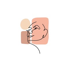 One line woman face portrait. Abstract female drawn in trendy lineart boho style with geometric shapes. Continuous art of girl looking up. Modern vector illustration isolated on white background