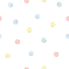 Watercolor seamless pattern polka dots yellow blue pink. Isolated on white background. Hand drawn clipart. Perfect for card, fabric, tags, invitation, printing, wrapping.