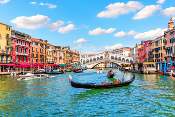 Grand Canal of Venice, view of the Rialto bridge in the Lagoon, Italy