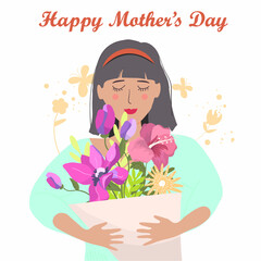 Girl, woman with a bouquet of flowers, with long dark hair, vector illustration, happy woman's day.