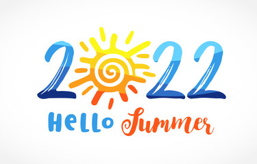 2022 Hello summer with colored sun. 20 22 travel logo concept. Number logotype with sun, creative round vector sign. The warmest season from June to August. Decorative lettering text Hello Summer