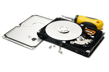 Open hard drive and screwdriver isolated on white background closeup. Computer hard drive HDD....