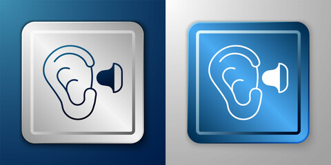 White Earplugs and ear icon isolated on blue and grey background. Ear plug sign. Noise symbol. Sleeping quality concept. Silver and blue square button. Vector