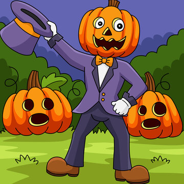 Pumpkin Head Man Halloween Colored Illustration
