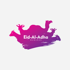 Eid Al Adha Greeting Card. Purple Camel and Goats Isolated on White Background. Vector Illustration for greeting card, poster and voucher.