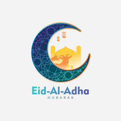 Eid Al Adha Greeting Card. Golden Mosques, Lantern, Moon, and Goats Isolated on White Background. Vector Illustration for greeting card, poster and voucher.