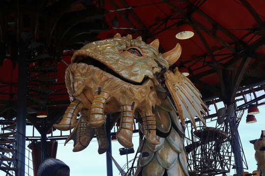 Nantes, France - April 10 2022: Dragon - Mechanical sculpture  of The Marine Worlds Carousel. Machines of the Isle of Nantes. 