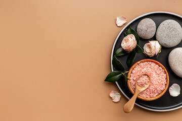 Beauty treatment massage with spa stonea and pink sea salt, top view